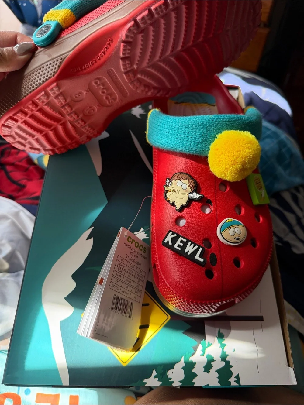 CROCS Kids Red Clog with Brown Sole and Teal Strap Accents